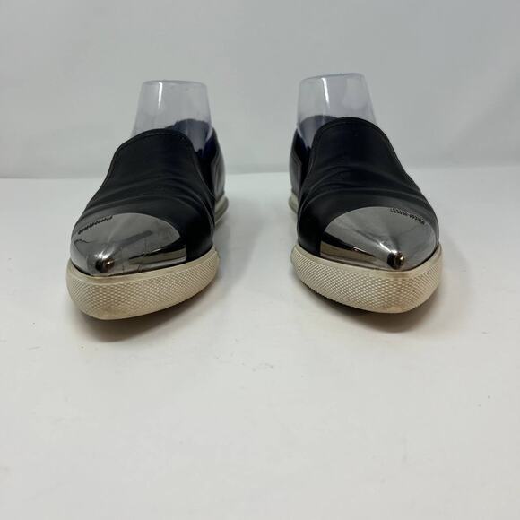 Miu Miu Loafers Women's 38.5 Black Leather Silver Toe Cap Slip On Luxury Shoes - Picture 4 of 16